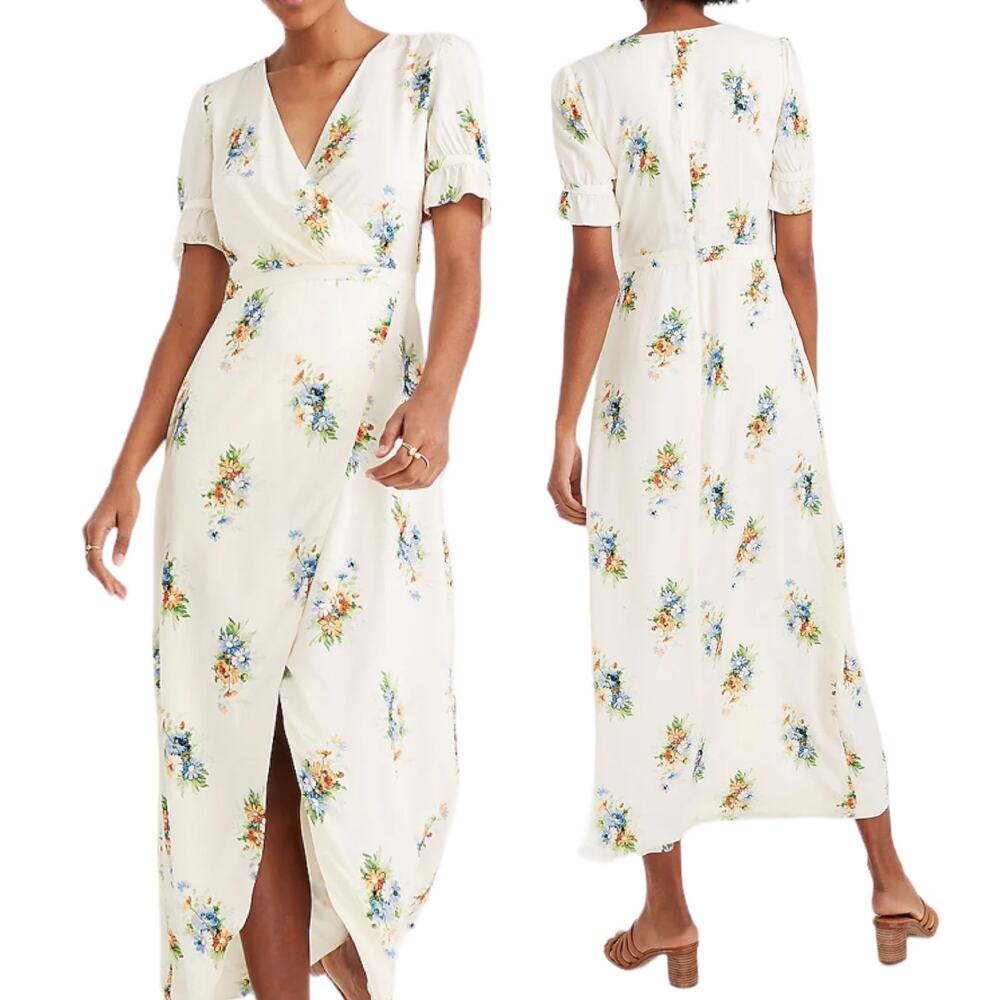Madewell Maxi Dress Front Slit Faux Wrap V Neck Floral Print Ivory Womens 0